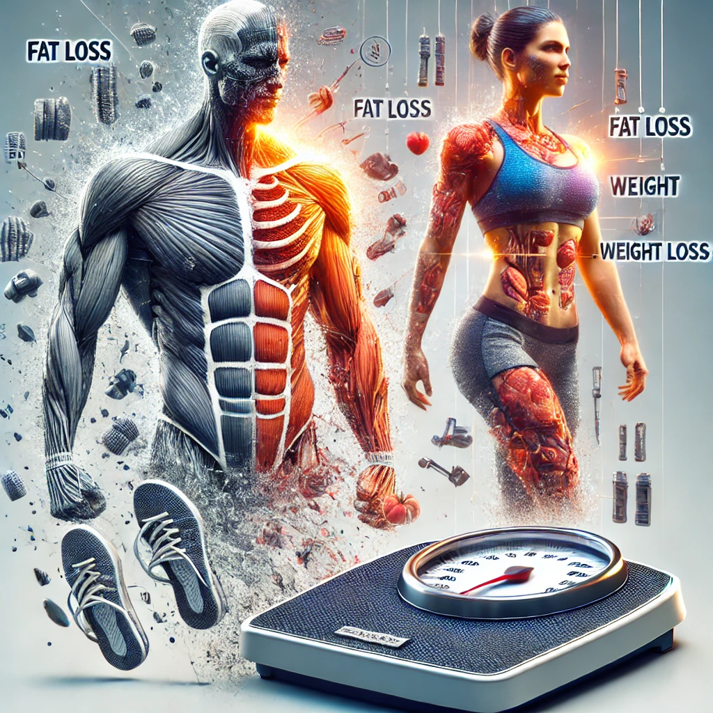 Fat loss vs. weight loss concept with a muscular fit body and digital elements