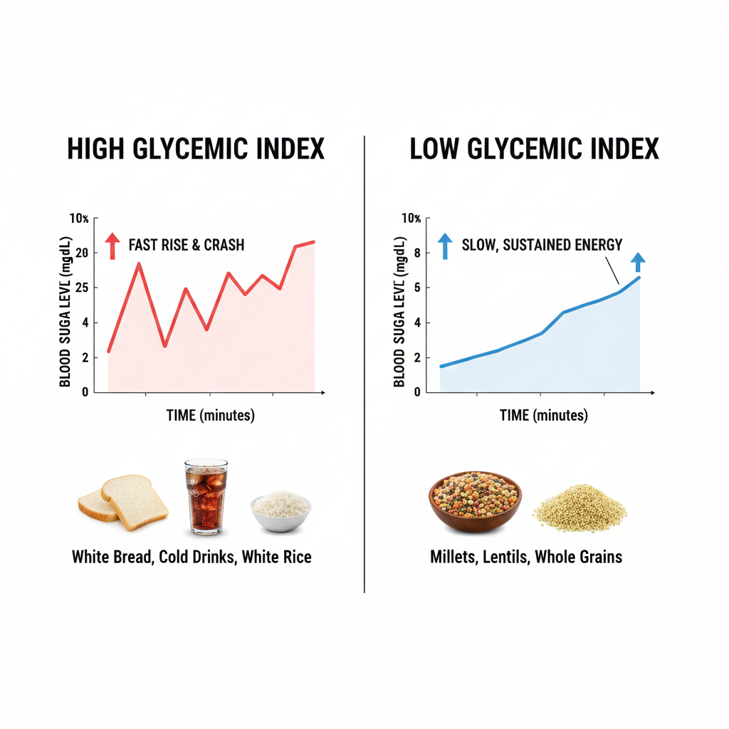 Infographic explaining low glycemic index and high glycemic index foods for PCOS