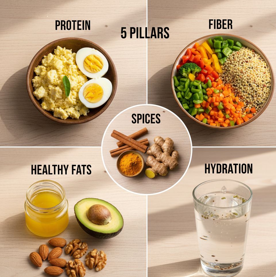 Collage of 5 essential PCOS diet changes: protein, fiber, healthy fats, hydration, spices