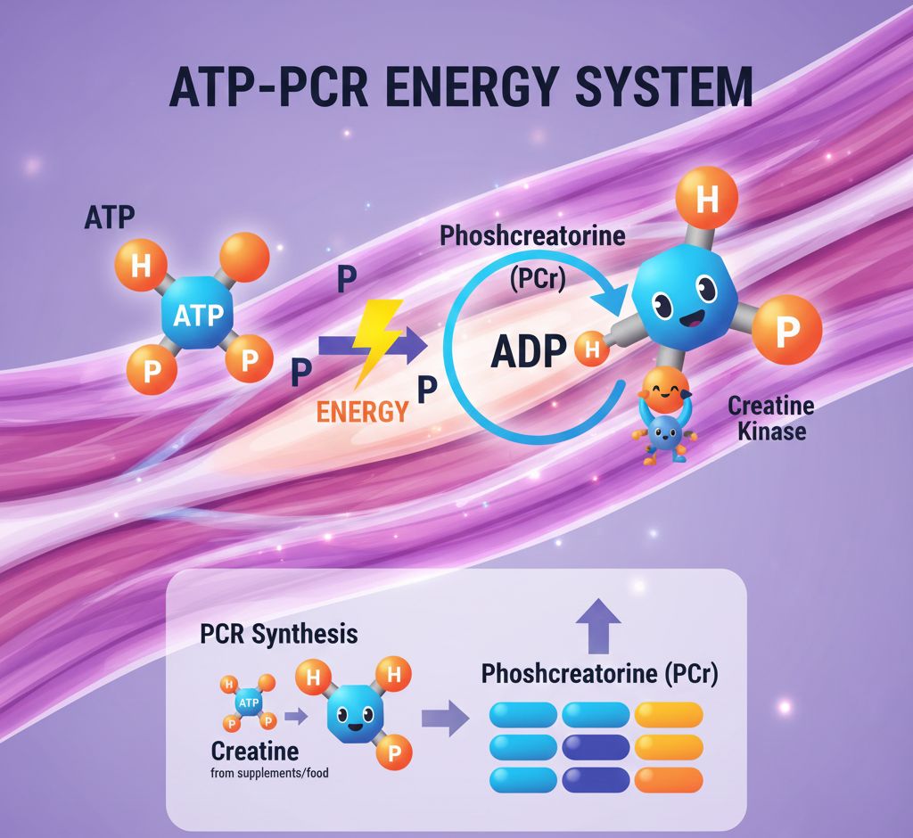Infographic explaining Creatine's role in ATP-Phosphocreatine energy system for high-intensity exercise