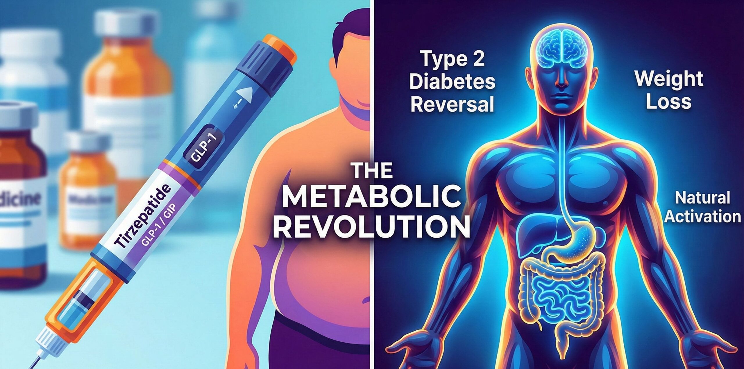 Featured image comparing Tirzepatide GLP-1/GIP injection and weight loss on the left with natural activation for type 2 diabetes reversal and metabolic health on the right, titled The Metabolic Revolution.