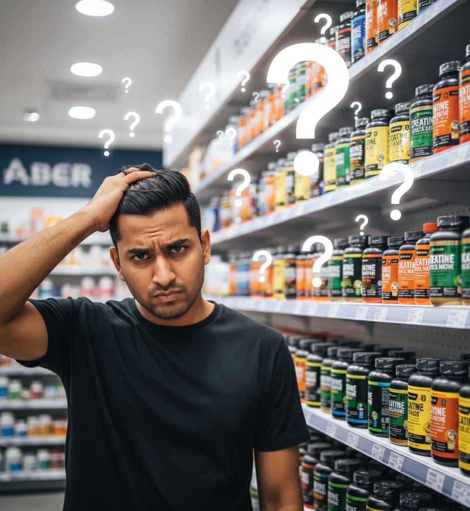 Confused consumer examining various Creatine supplement forms due to marketing confusion