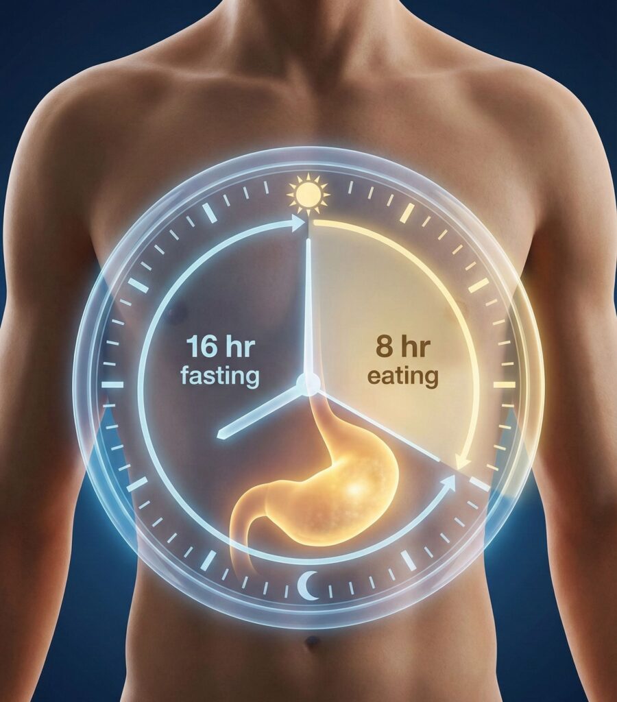 Illustration of intermittent fasting protocol showing a 16-hour fasting window and 8-hour eating window aligned with the body's circadian rhythm to improve metabolic health.