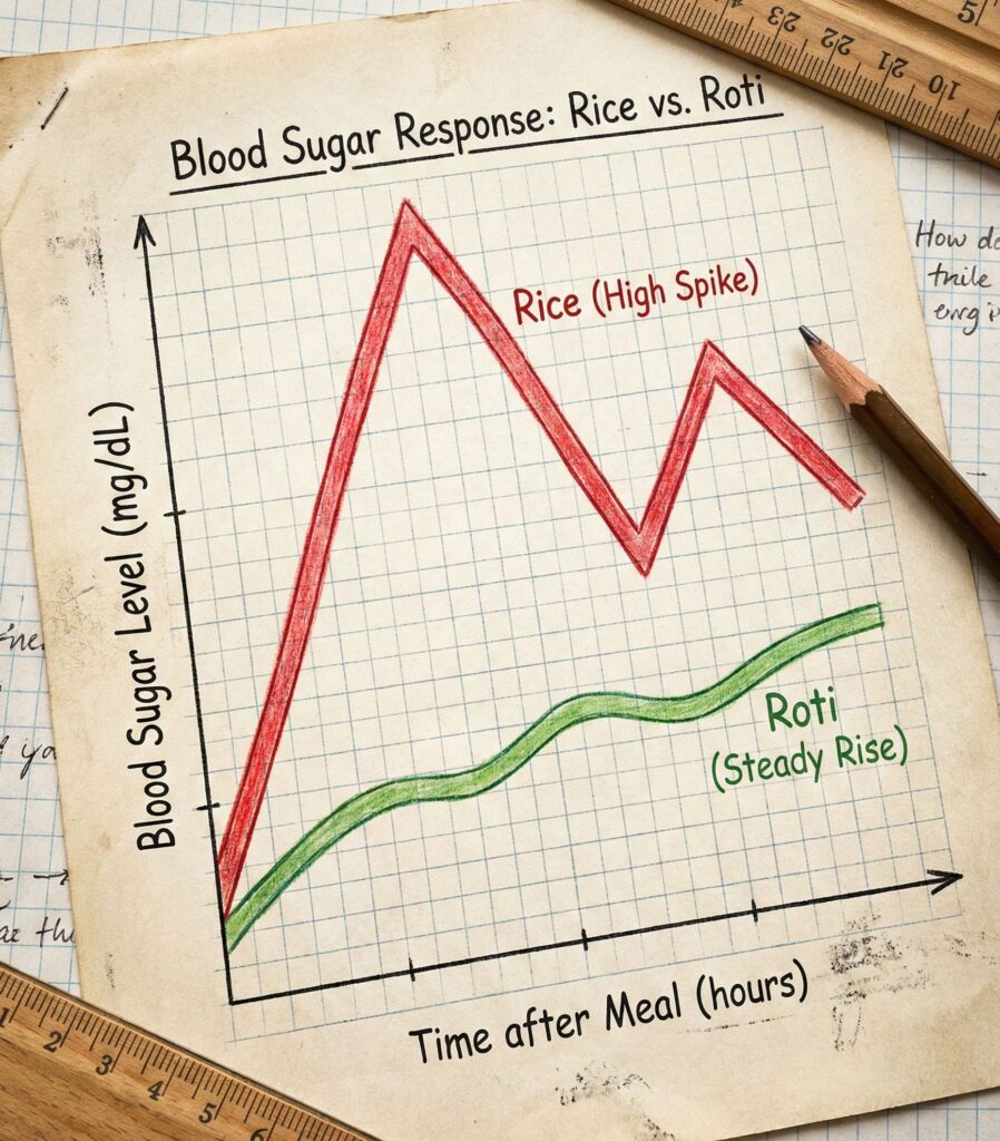 Glycemic index chart of white rice vs whole wheat roti blood sugar spike graph. Glycemic index chart of white rice vs whole wheat roti blood sugar spike graph.